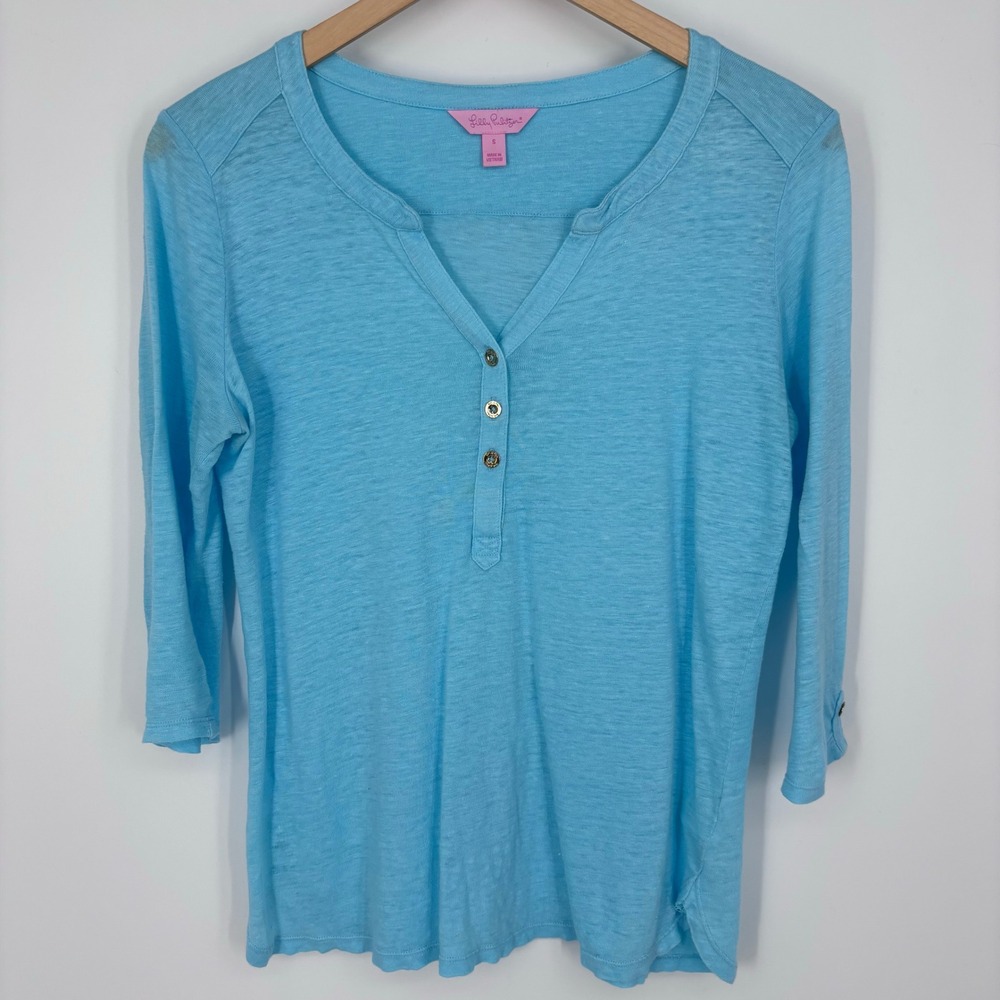 Lilly Pulitzer 100% Linen Mindy Henley Tunic Top Women Small Blue 3/4 Sleeve Tee